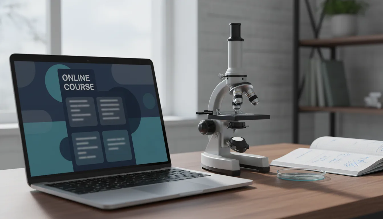 Laptop showing an online course interface next to anatomy textbooks